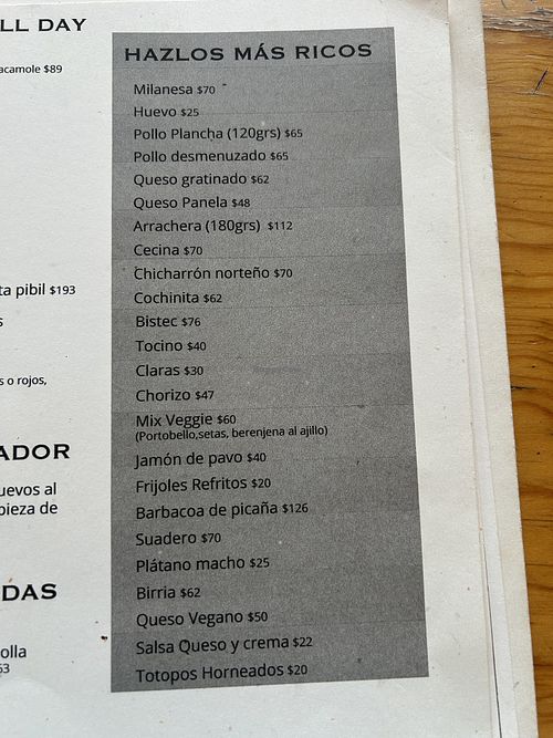 Menú extras con opciones veganas  at Hijos del Maíz - Antojería in Mexico City