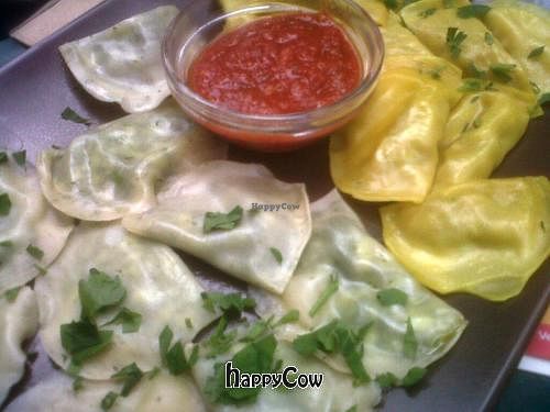 Momos dumplings w/ spicy dip at Momos - Organic Veggie Dumplings in Berlin
