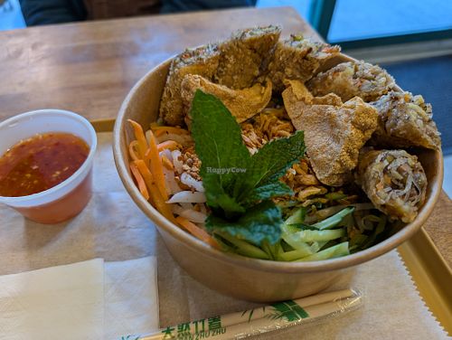 Vermicelli noodle bowl with spring rolls and fish sauce at Sen Saigon in New York City