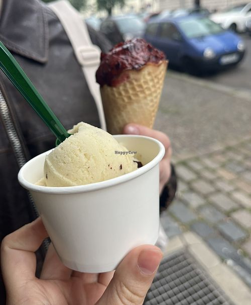 Birne-Schoko-Split Sorbet und Johannisbeere Sorbet (beides Bio + vegan)  at Erikas Eiscafé - Eutritzsch in Leipzig