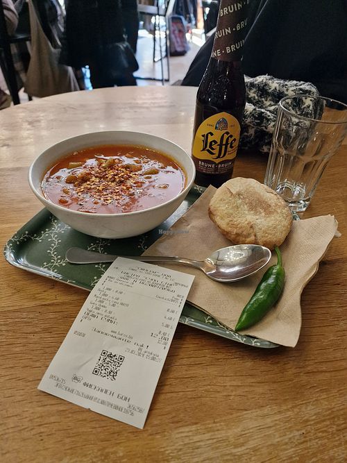 Chickpea tomato vegan, vegan beer and bread, and pepper all for 12.80 lev at Supa Star 2 in Sofia