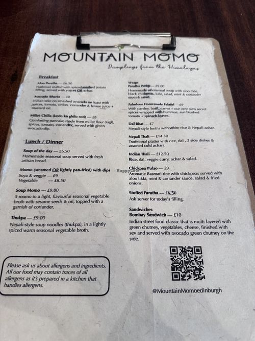 Menu  at Mountain Momo in Edinburgh