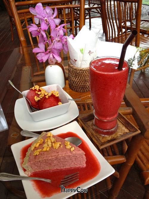 Strawberry Cream Mousse Pie, Strawberry Sorbet, and Strawberry Smoothie at Rasayana Raw Food Cafe in Bangkok