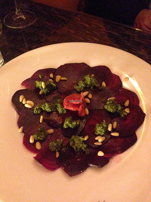 Raw beetroot carpaccio with green pesto at Secret of Raw in Prague