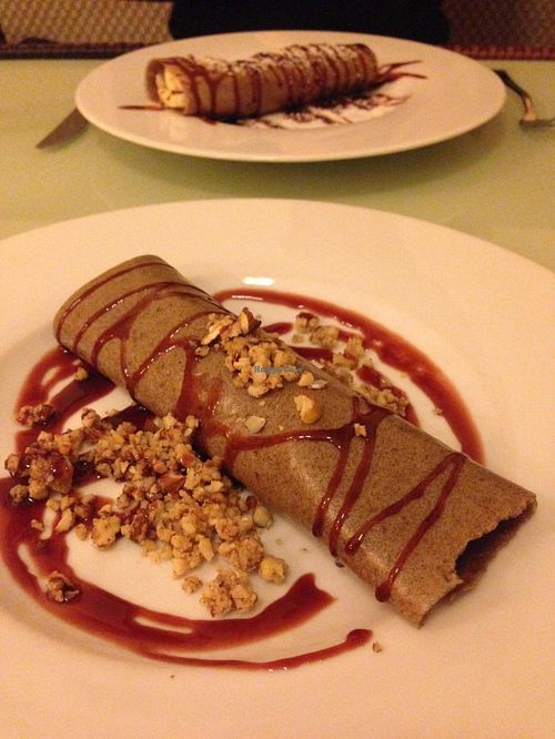 Raw vegan banana pancakes with chocolate cream at Secret of Raw in Prague