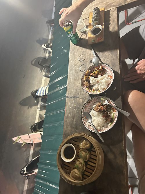 mushroom & carrot dumplings, vegan pork with rice, vegan sushi  at Noods Wok Bar in Siargao