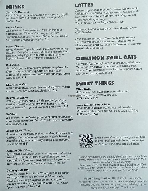 Menu at Blue Zone in Espanola