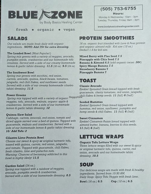Menu at Blue Zone in Espanola