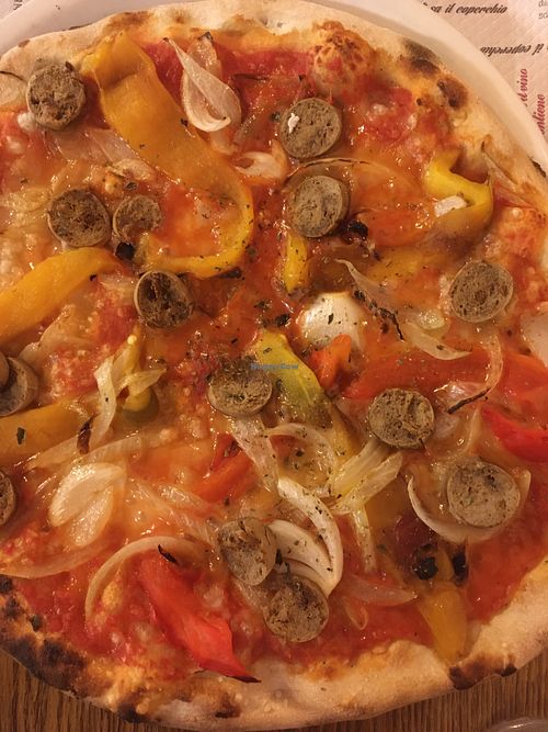 Pizza with vegan cheese, sausage, onions, and bell peppers  at Pizzeria Vesuvio in Moncalieri