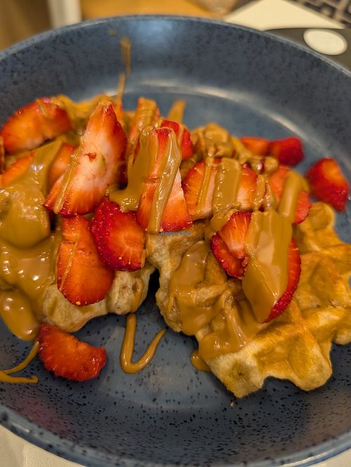 Waffles with strawberries and biscoff at Joys Coffee House in Otley