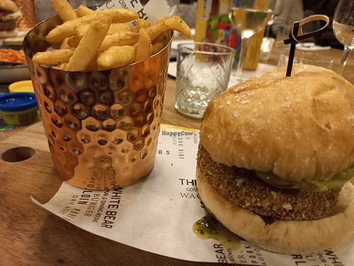Pea and bean burger with fries at The White Bear in Warlingham