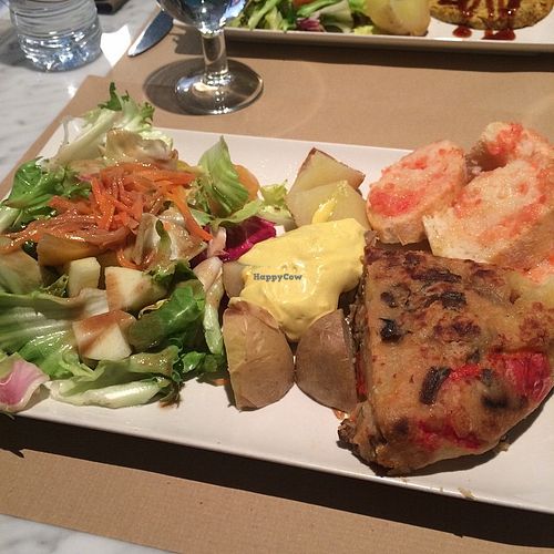 Menu with vegan potato omelette (spanish omelette) at Santoni - When food is the solution in Barcelona