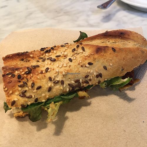 small sandwich (white sausage, spinach, sun-dried tomatoes). All vegan at Santoni - When food is the solution in Barcelona