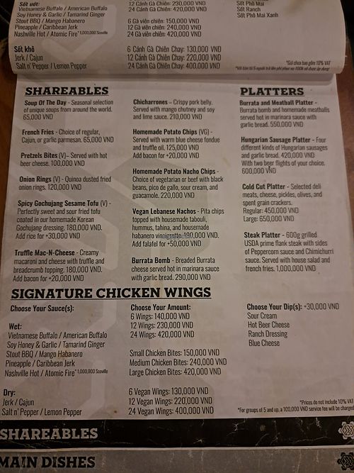 Sharables menu at Turtle Lake Brewing Company in Hanoi