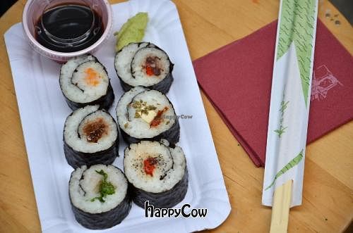 Vegan sushi with soy sauce and wasabi at La Camelia in Bilbao