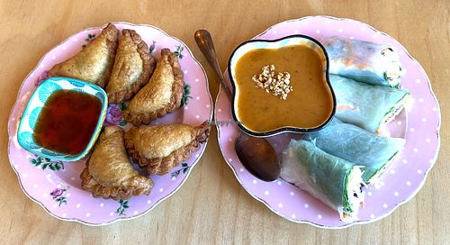 Veggie Curry Puff and fresh tofu rolls at Rukdiew Cafe in Portland
