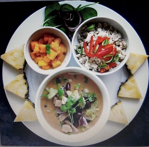 Caribbean-inspired soup with mango and cauliflower/coconut rice at Prana Kafe in Arendal