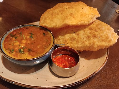 Chole bhature (vegan breakfast) at Masala Narodni Trida in Prague