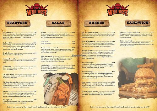 Menu  at Wild West in Sharm El Sheikh