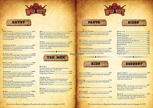 Menu  at Wild West in Sharm El Sheikh