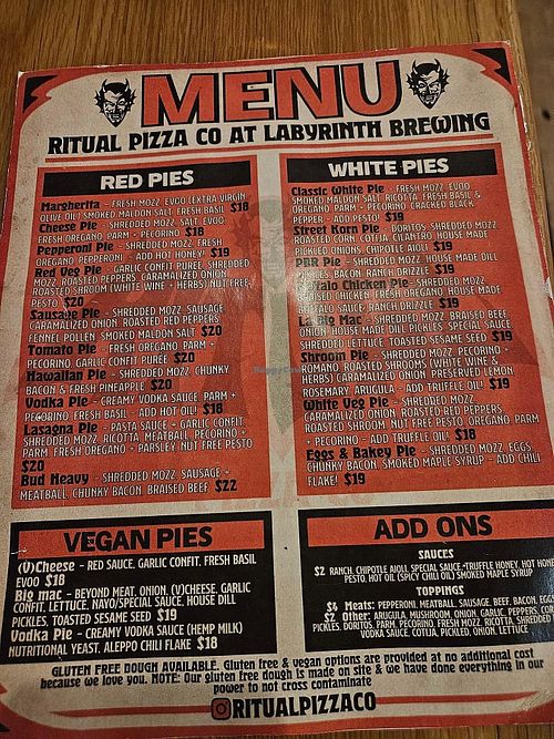 Menu  at Ritual Pizza Co - Labyrinth Brewing Company in Manchester