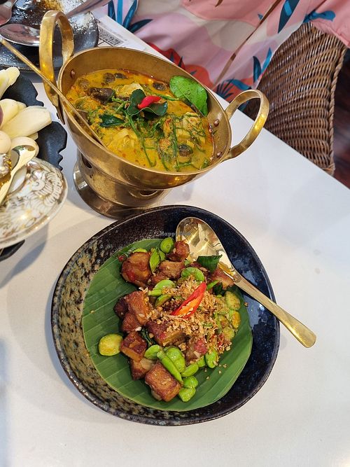 Stinky bean and fake pork belly, acacia and mushroom curry. at Vegan Mahanakhon in Bangkok