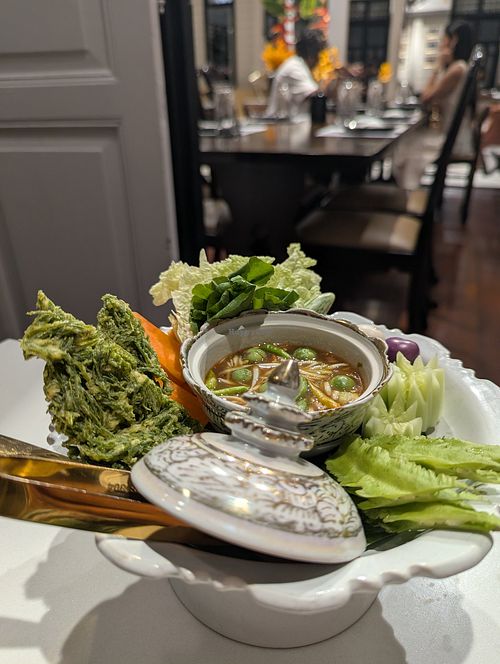 Vegan shrimp paste and green mango dip at Vegan Mahanakhon in Bangkok