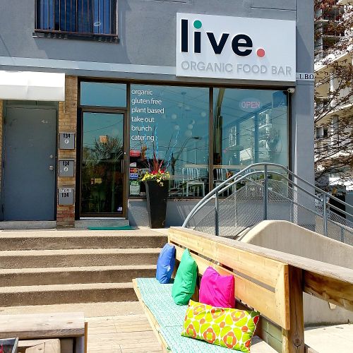 We're at the entrance to Liberty Village -- 134 Atlantic Ave at King Street at Live Organic Food Bar - Liberty Village in Toronto