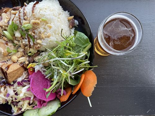 Yogi bowl and a tiny sour from the bar next doorr  at South G Kitchen in Arcata