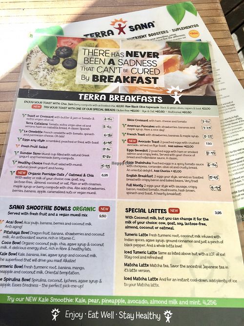 Breakfast menu at Terra Sana in Estepona
