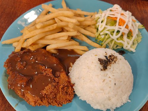 Black pepper chicken chop with rice. mayonnaise is suitable for vegan at Kim Chee Land - 相聚 in Seremban