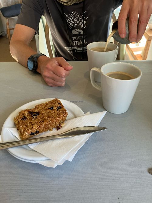  Flapjack and oat milkk  at Borders Pottery in Eyemouth
