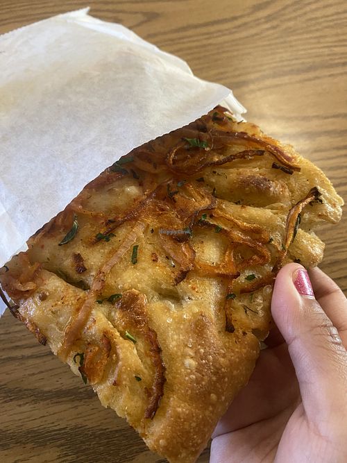 Vegan Onion Focaccia - Tasty (Minus Removed Most of the Onions); 😅 I had wondered why they had so many   at Nick's Pizza in Oakland