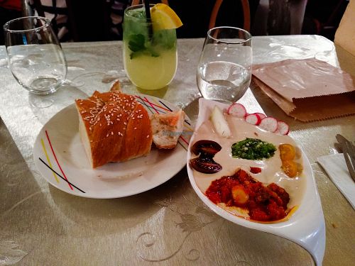 Tahini Plate and mint lemonade at Zakaim at Zakaim - Vegan Boutique in Tel Aviv