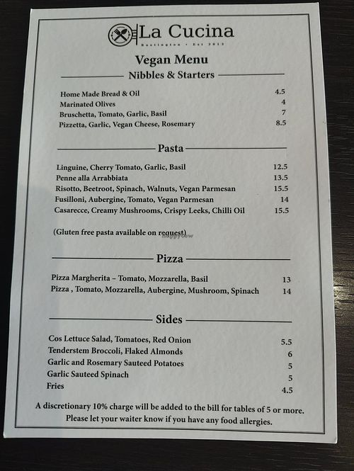 The vegan menu at La Cucina Italian  in Rustington
