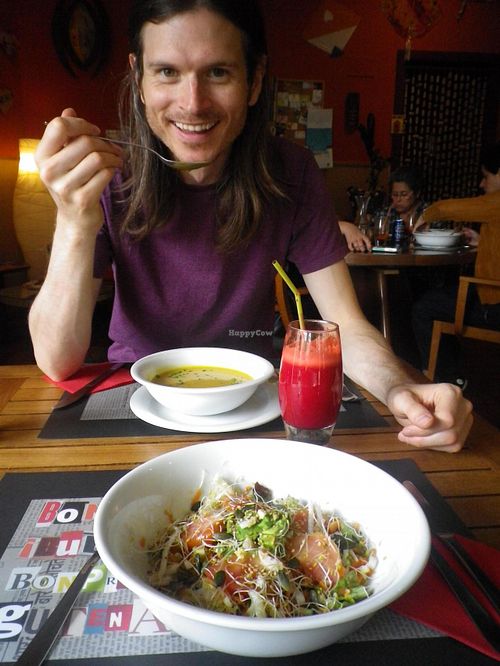 Vegetable soup + fresh vegetable juice. Beetroot-aholics! at Sukha in Castelldefels