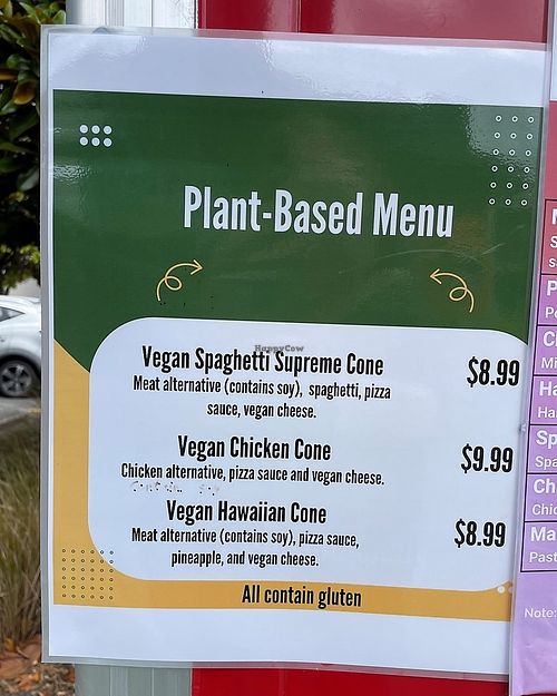 Pizza Cone menu (not on the menu but they also do garlic bread that is vegan) at Pizza Cone in Christchurch
