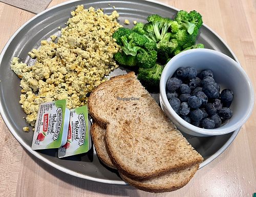 Vegan breakfast: tofu scramble with veggies& toast. I asked for blueberries instead of hash browns  at SLC - Salt Lake Brewing Co - TA in Salt Lake City