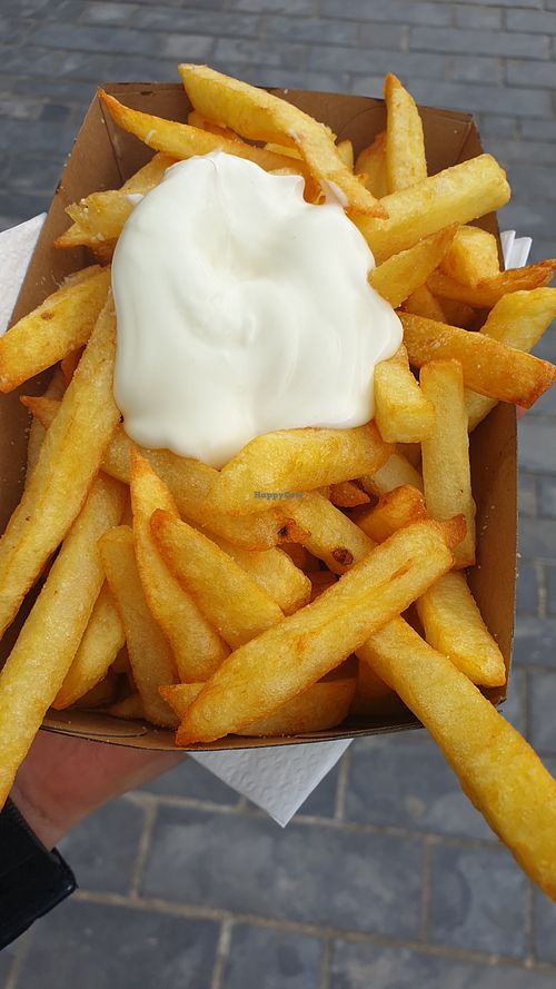 Pommes mit veganer Mayo. Lecker:-) at Frituur Hazegras in Oostende