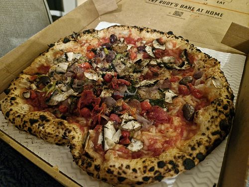 Tomato pizza, vegan cheese, mushrooms, onions, cherry tomatoes, chillis, cherry tomatoes. Delicious. at Rudy's Pizza Napoletana - Castle St in Liverpool