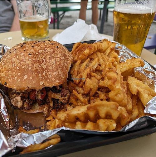 Cauliflower burnt ends sandwich with waffle fries #Veganuary at Ray Ray's Hog Pit Powell in Powell