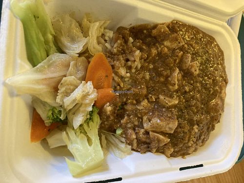 Mapo tofu with rice and veggies  at Tofu Chang in Santiago