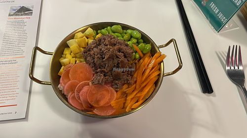 Vegan meat poke bowl, with rice underneath, very filling! 😋  at Sababa   in Borehamwood