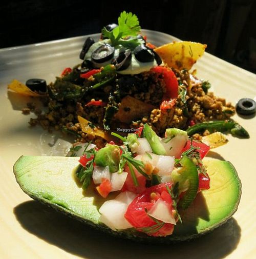Tofu chilaquiles with salsa fresca topped avocado at Velo Bed and Breakfast in Eugene