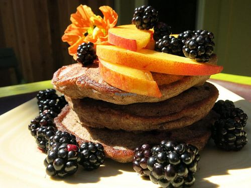 organic gluten-free blueberry buckwheat pancakes with blackberry and nectarine at Velo Bed and Breakfast in Eugene