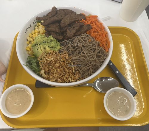 Vegan poke bowl with fake meat, veggies, soba noodles, and vegan sesame sauce and vegan onion sauce  at Poke All Day - Anam in Seoul