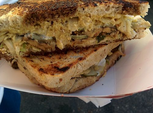 RIPE's delicious Reuben Redoux sandwich; organic local tempeh, Russian slaw, chickpea-sauerkraut spread, garlic aioli, Housemade pickles on toasted local marble rye. at Verdine - Food Truck in Houston