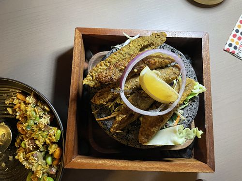  Vegan kebab on right, and edamame bhel on leftt  at Tagline Modern Indian & Arabic Restaurant and Bar in Kowloon