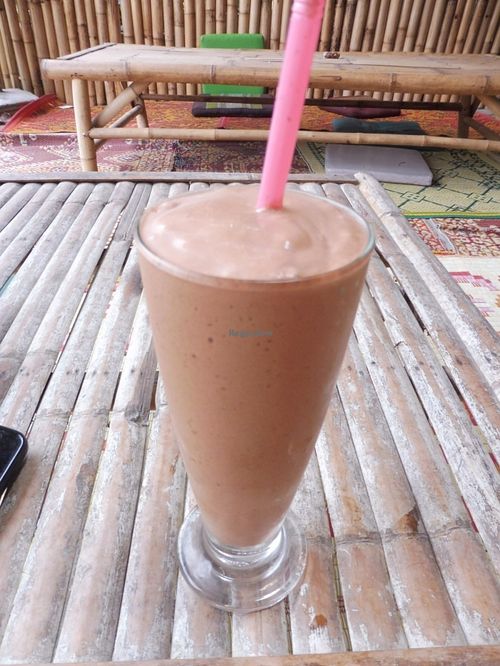 "Supersonic" is a moothie of banana, dates, coconut milk and cacao. 120 bhat. Amazing! " consistency is a mixture of smoothie, icecream and mousse. at Green Leaf Cafe in Koh Phangan
