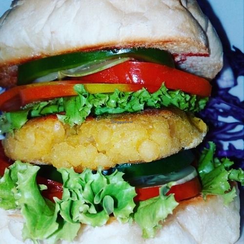 Veggie burger with lentis at Bamboo Bar & Vegetarian Restaurant in Sihanoukville